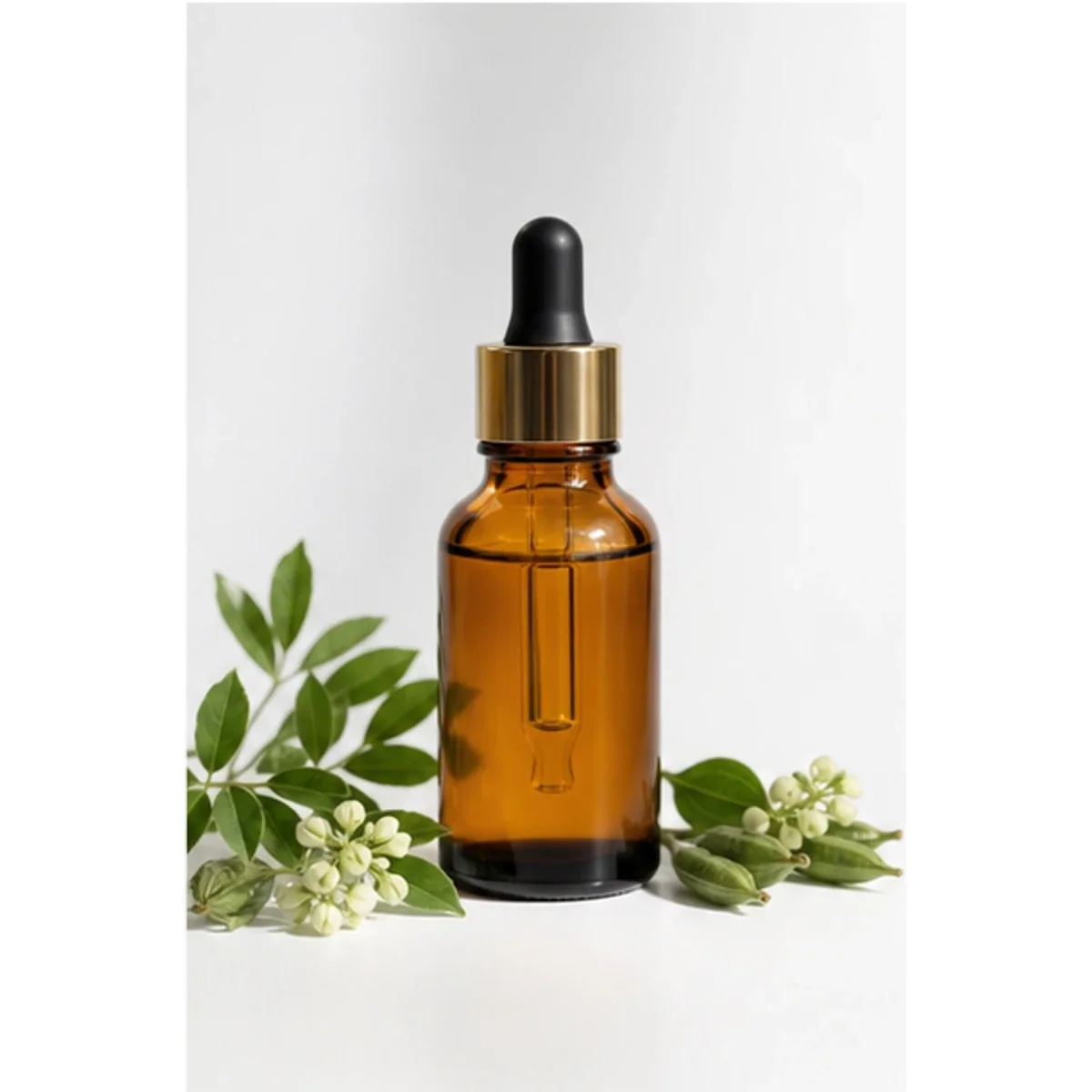 Amber dropper bottle of Serey Skin Moringa Glow Serum with green leaves