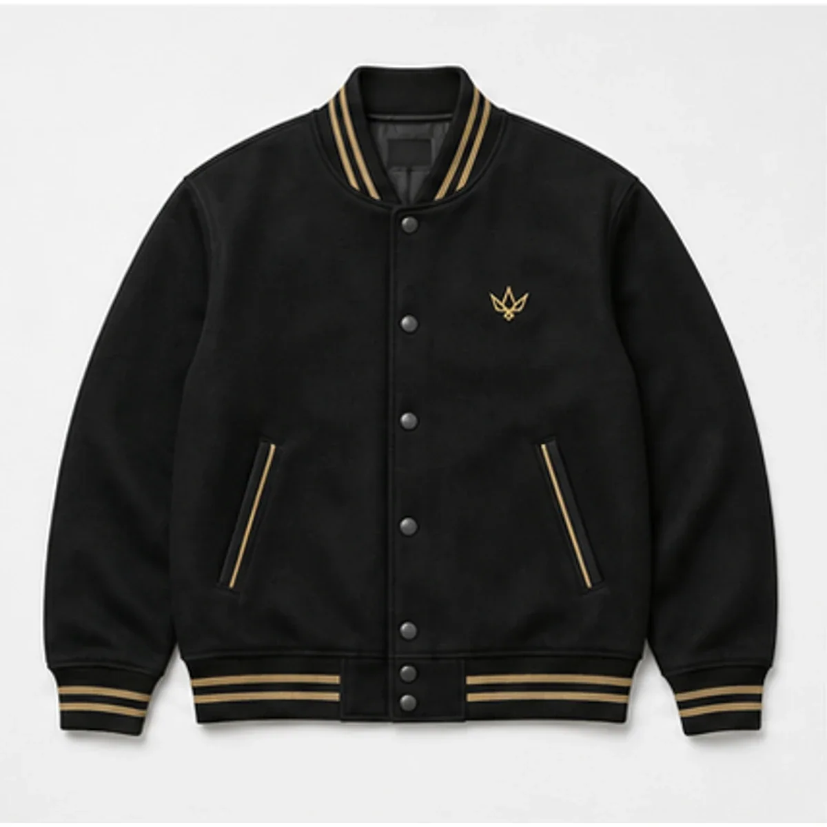 Black Vannak Live varsity jacket with restrained gold trim