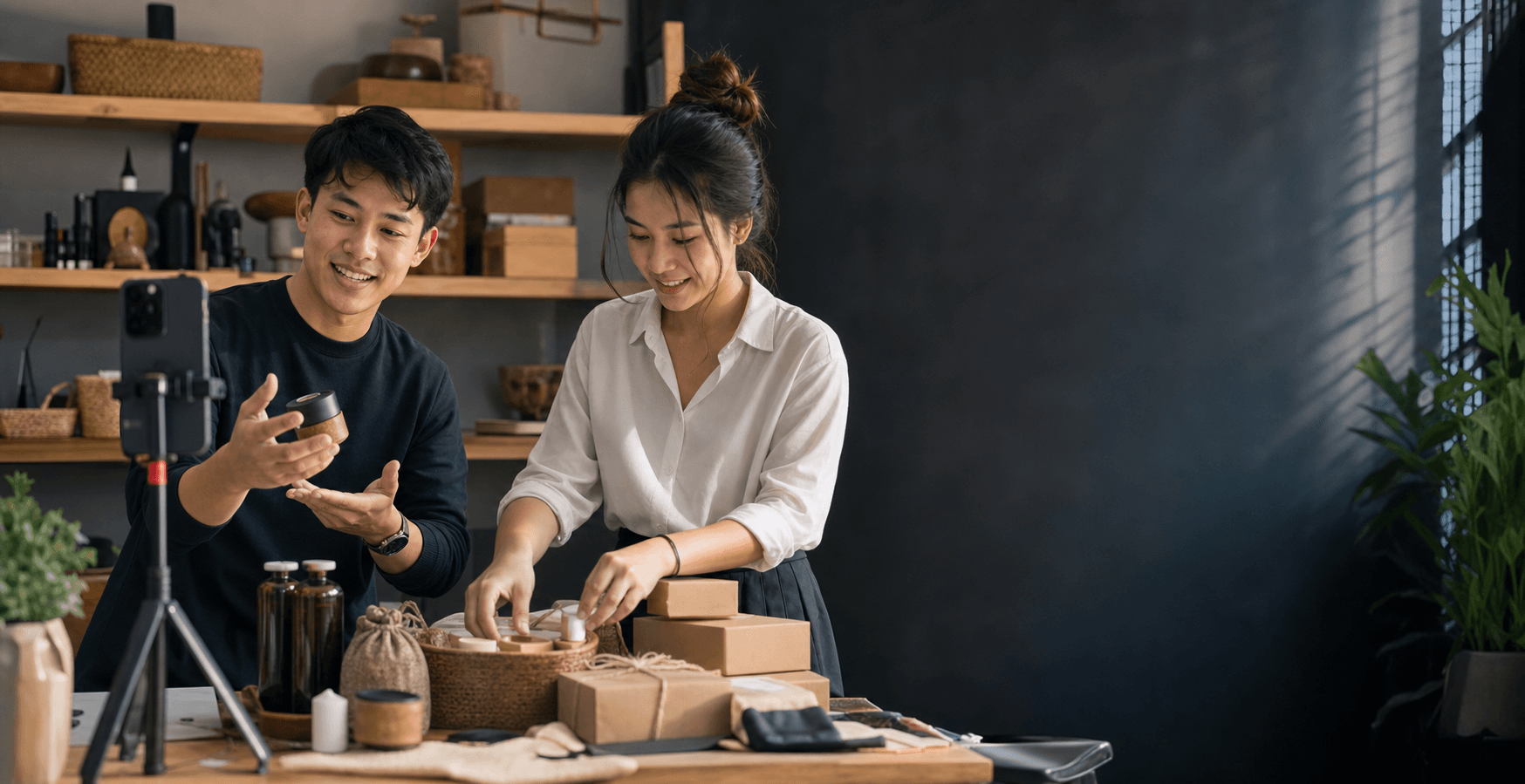Two Cambodian entrepreneurs preparing products and customer orders for a live social-commerce showcase